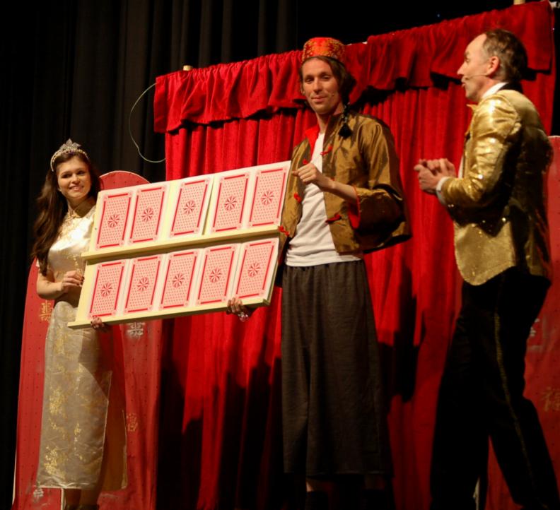 'Bucie's Play Your Cards Right', Megan McCleary as Princess Simoon, Jamie Adams-Taylor as Aladdin and Preston Clare as 'Bruce' the genie of the Lamp