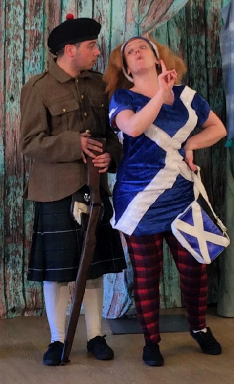 Aidan MacColl as Calum McAlister and Lauren C Moore as Tweedle Dundee