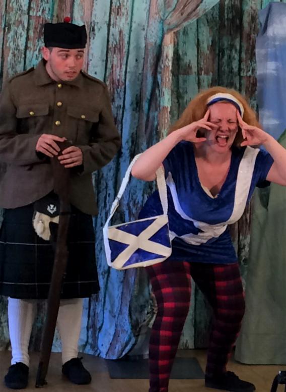 Aidan MacColl as Calum McAlister and Lauren C Moore as Tweedle Dundee