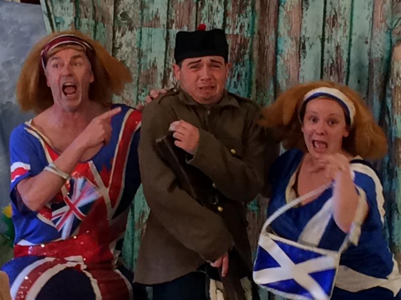 Preston Clare as Tweedle Dumfries, Aidan MacColl as Calume McAlister and Lauren C Moore as Tweedle Dundee